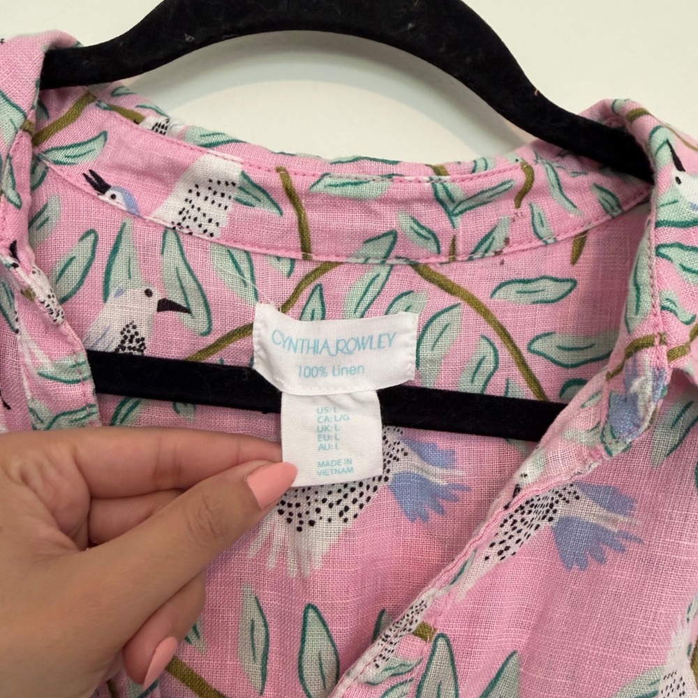 Cynthia Rowley Pink 100% Linen Bird Print Short Sleeve Button Up Blouse Large - Picture 3 of 3